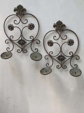 Vintage 2 Wall Wrought Iron Scroll Candle Holder Sconce